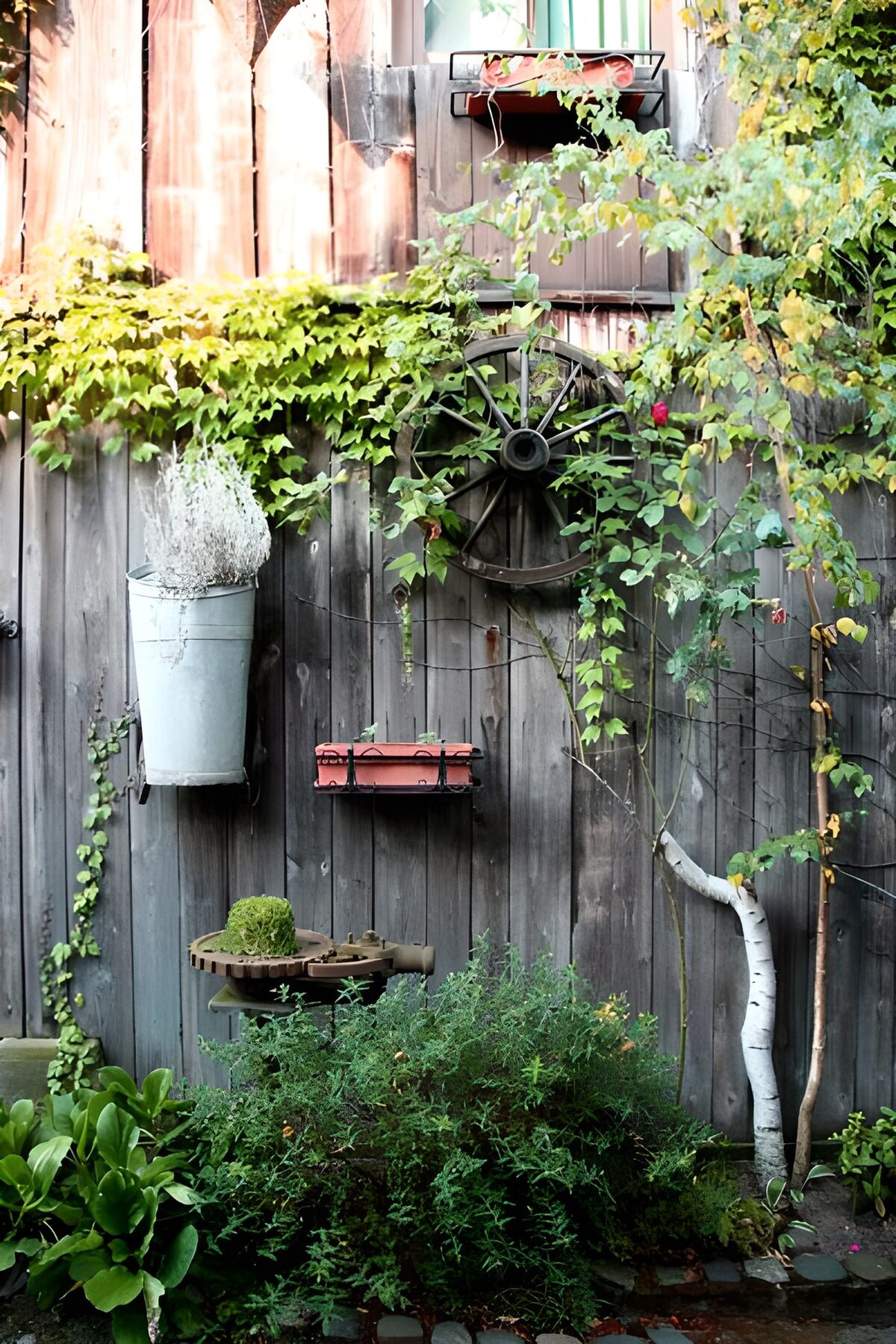 Wooden wheel on a leafy garden fence