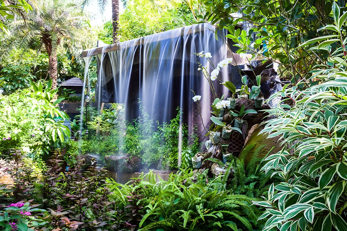 Broad waterfall in a lush tropical garden