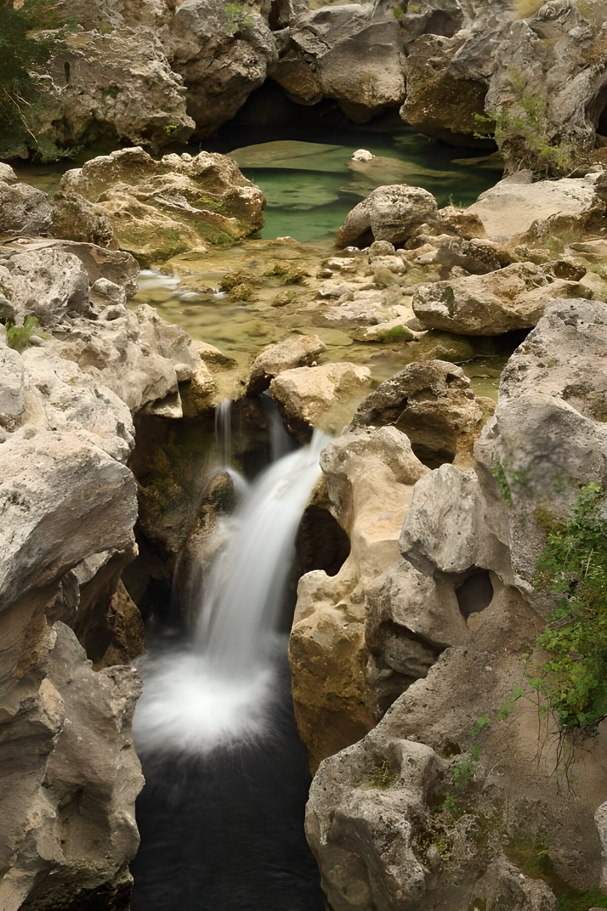 Small waterfall between weathered rocks