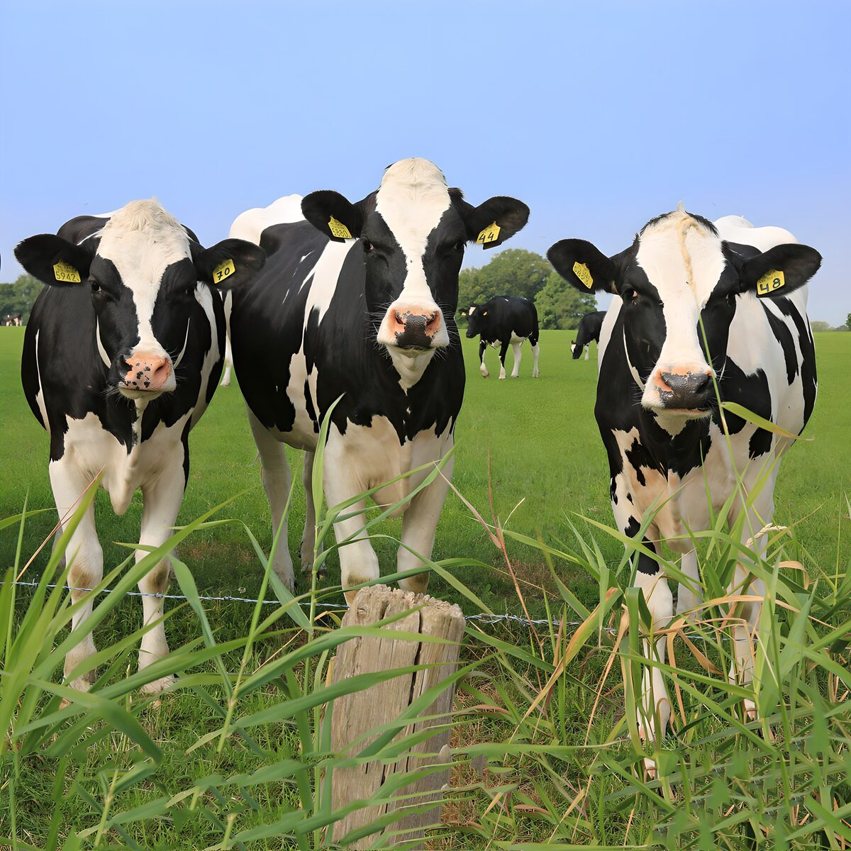 Three cows in a sunlit pasture