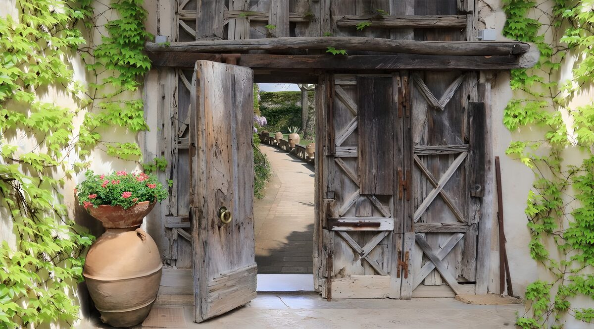 Weathered garden gate in leafy shade