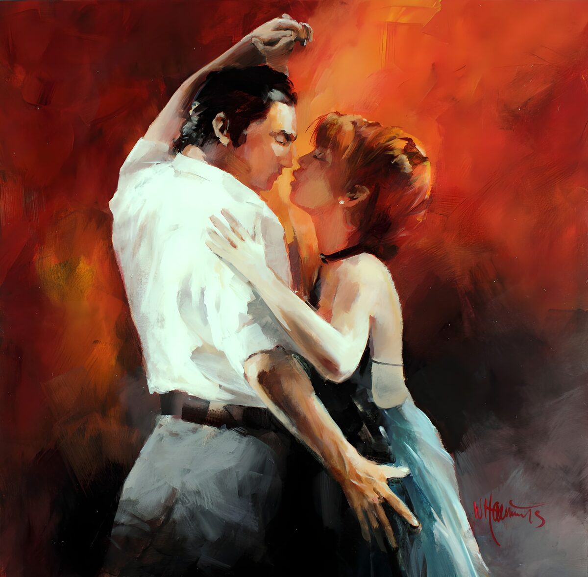 Dancing couple in a fiery embrace