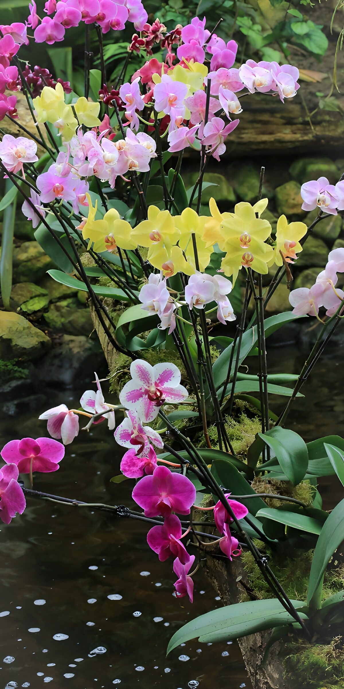 Pink and yellow orchids over dark water