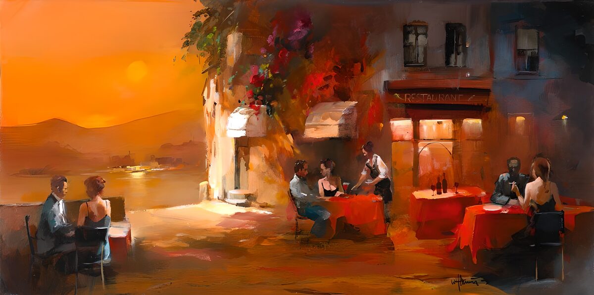 Sunset dining on a seaside terrace