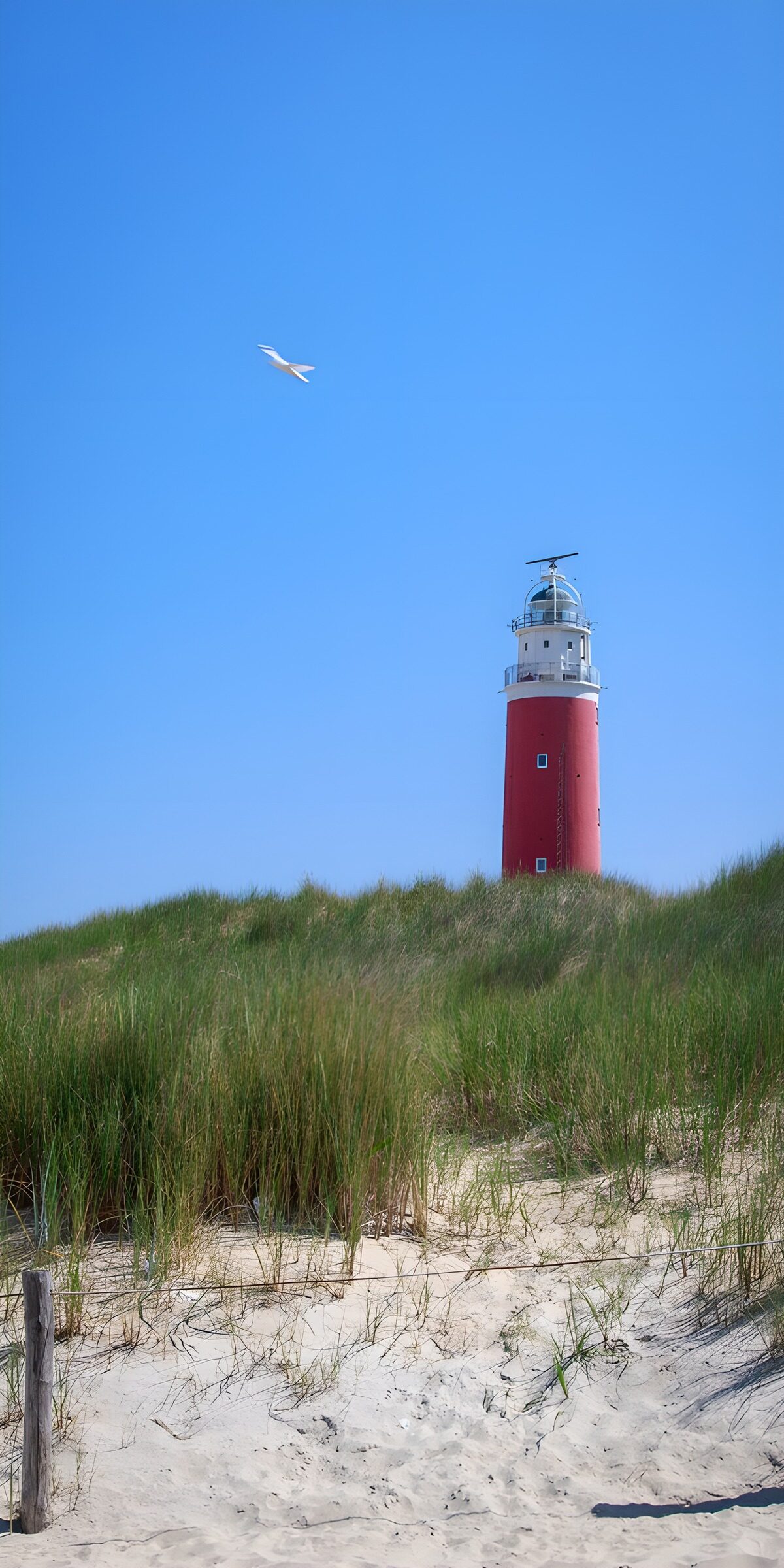 Red lighthouse above sunlit dunes