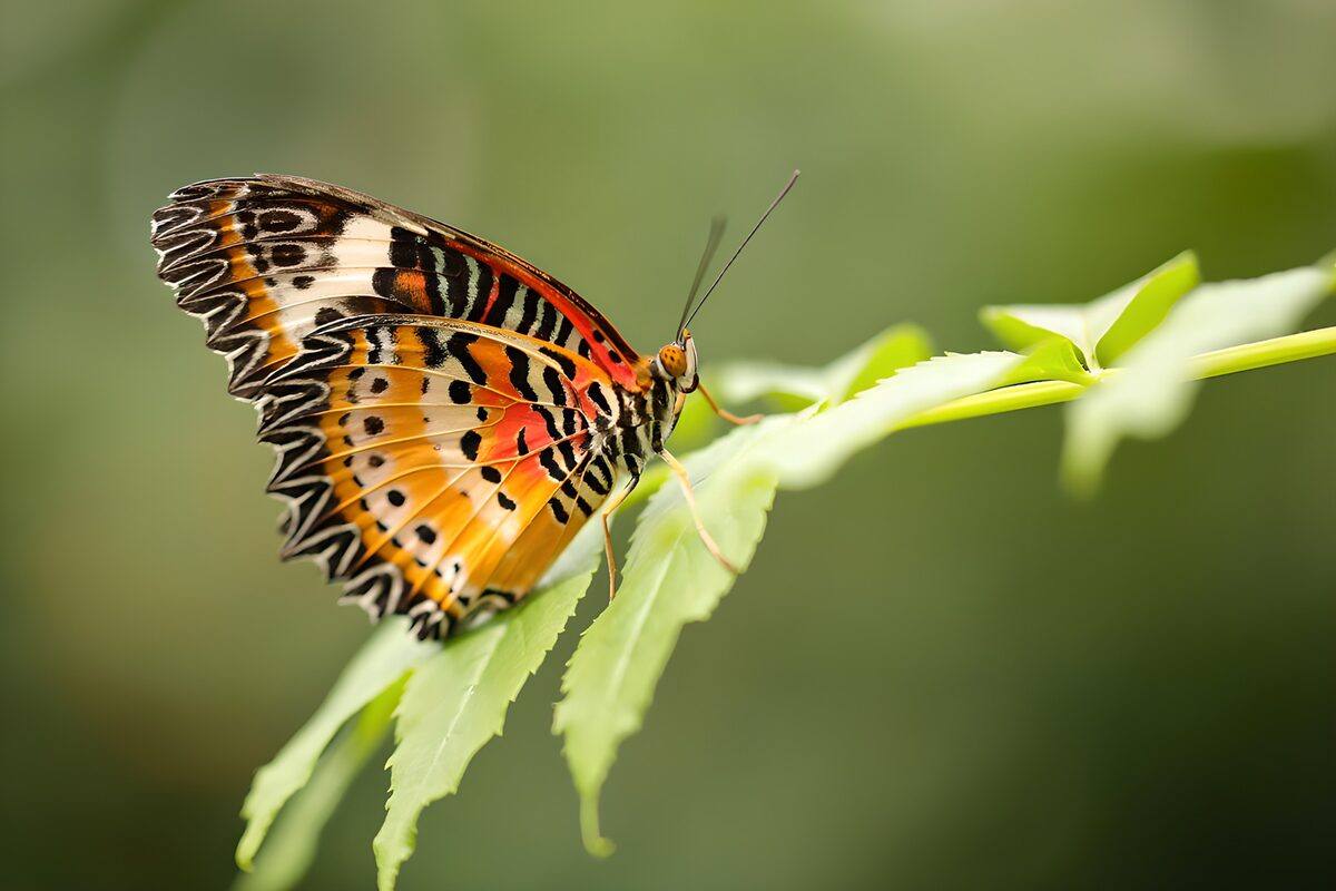 Orange butterfly at rest on pale leaves
