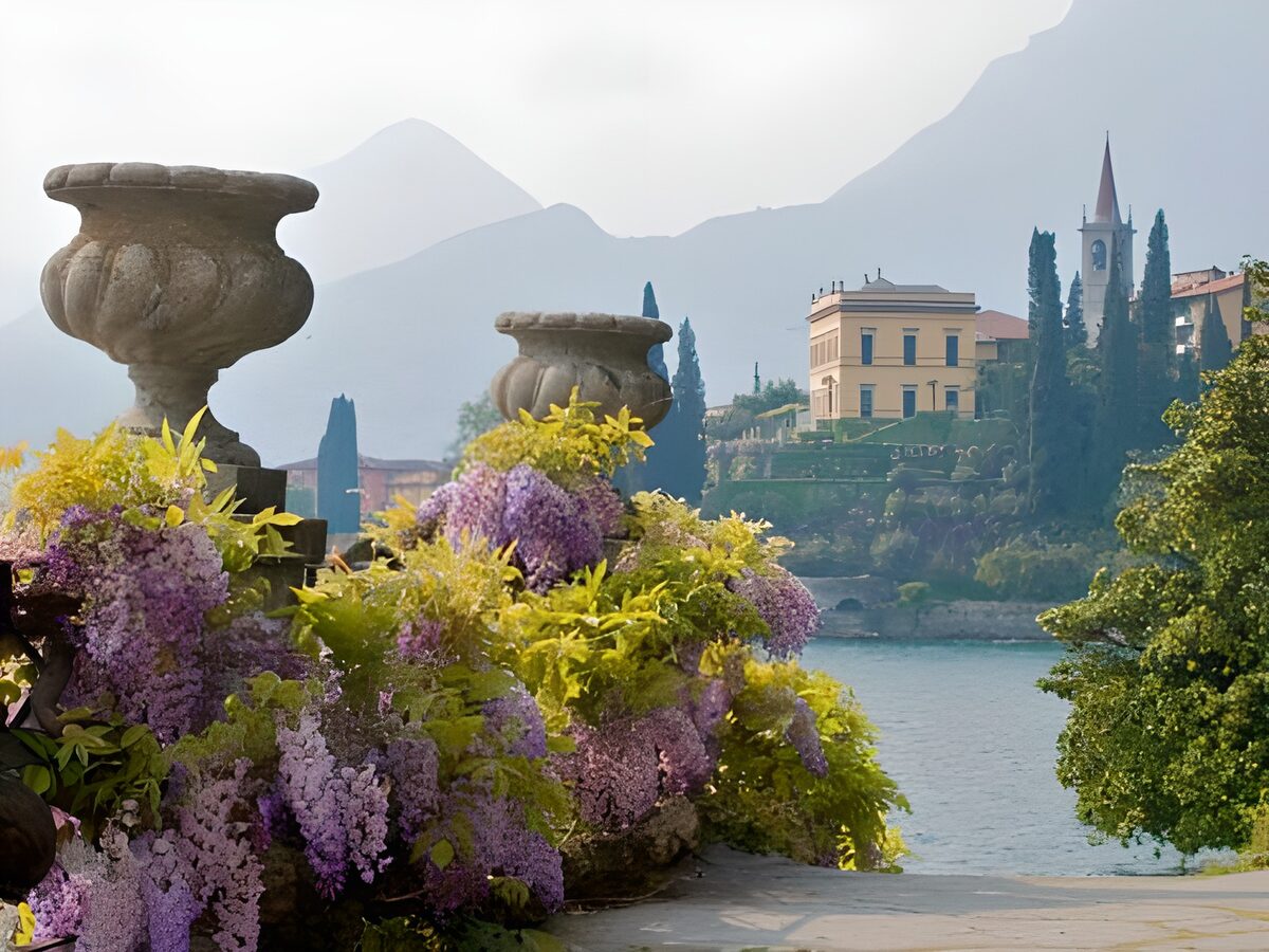 A sunlit garden overlooking the lake