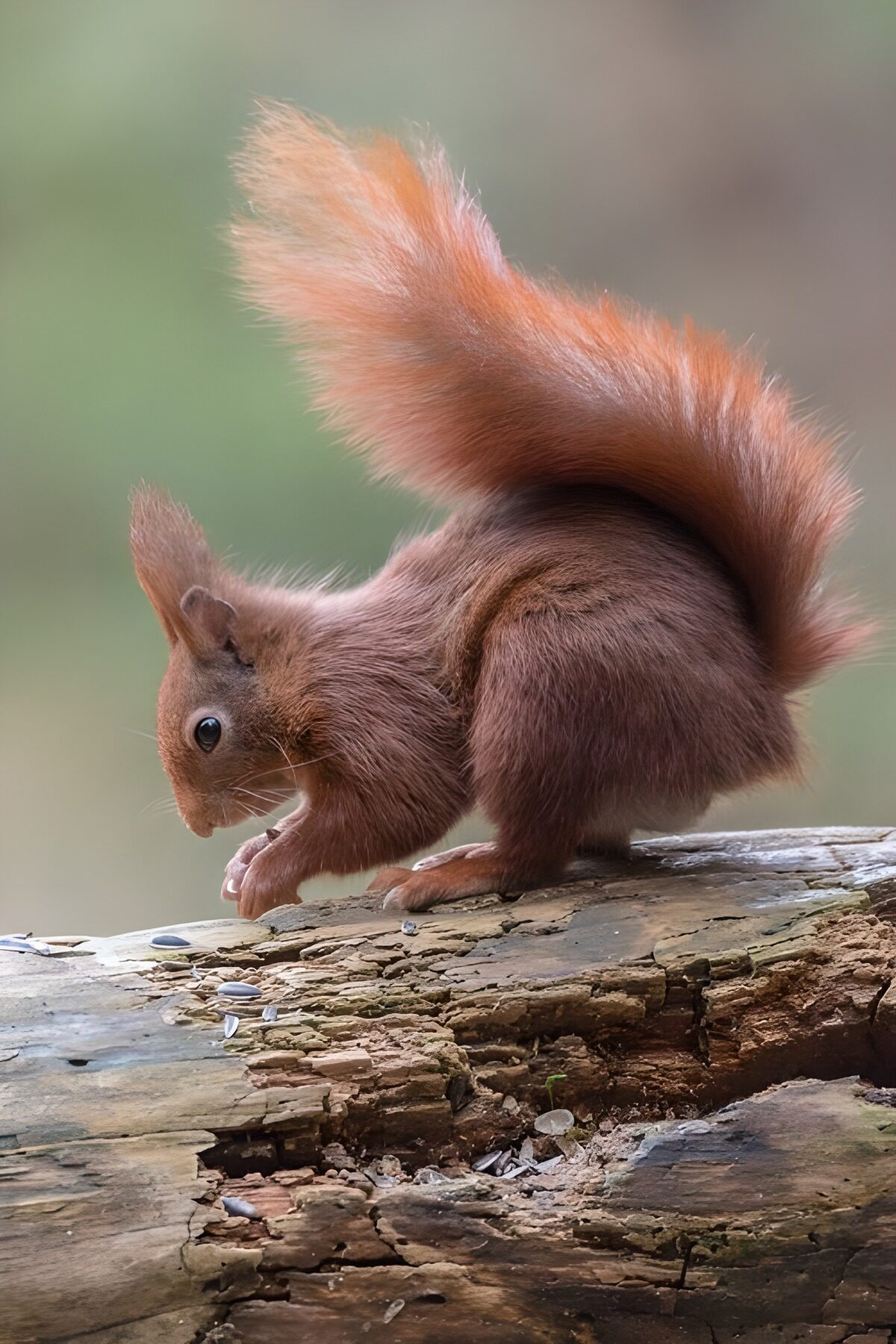 Red squirrel on a timeworn trunk