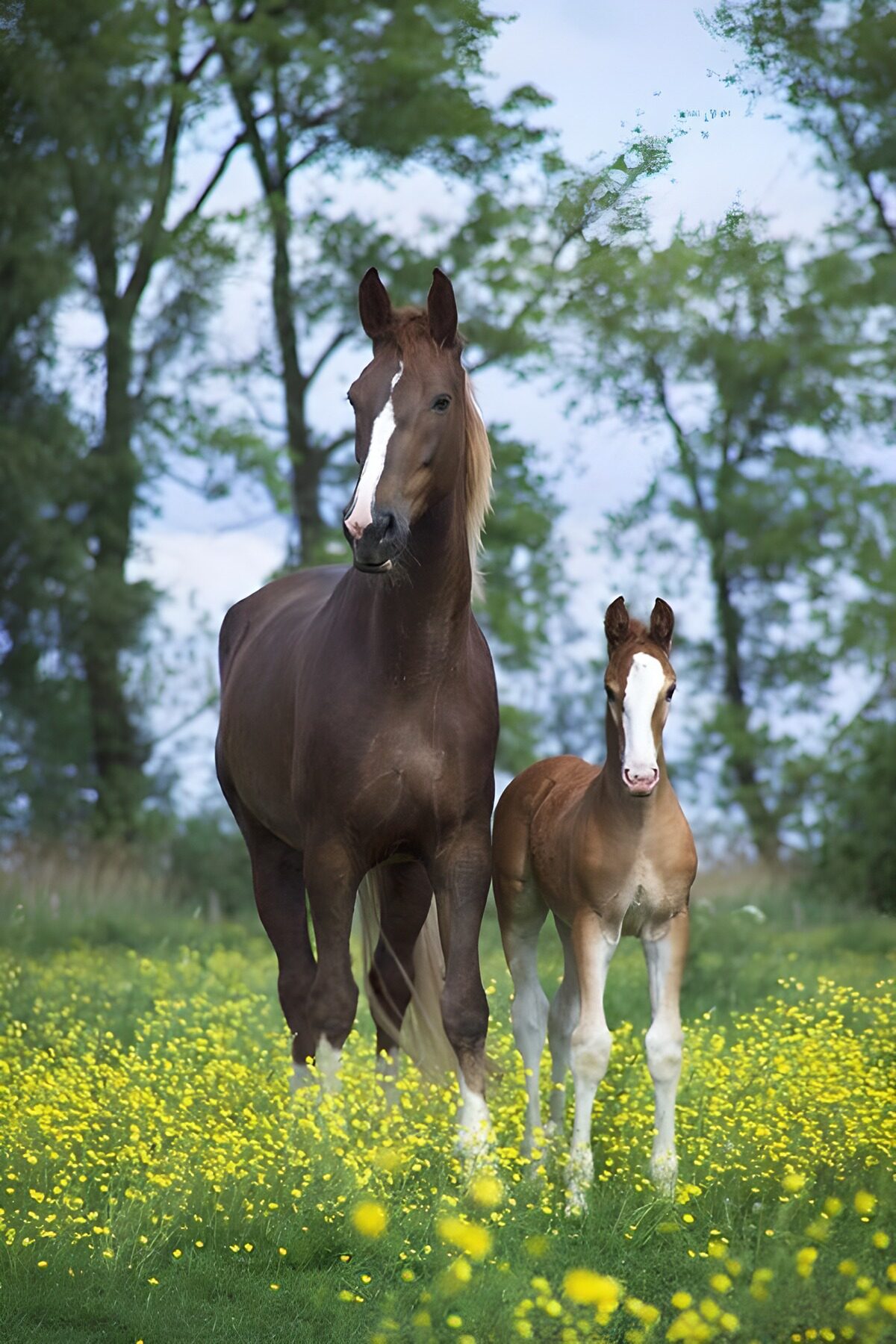 Horse and foal in a spring meadow