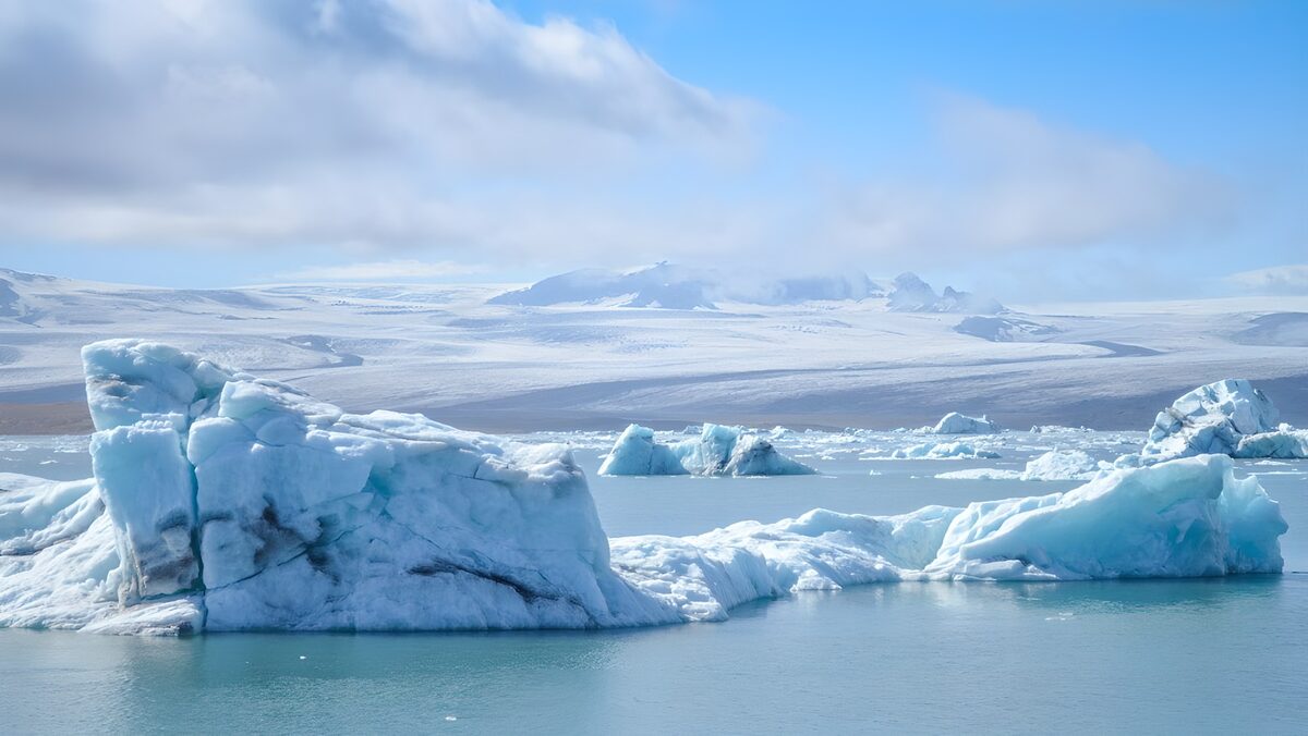 Icebergs on still turquoise water