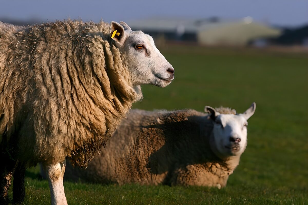 Two sheep in a sunlit pasture