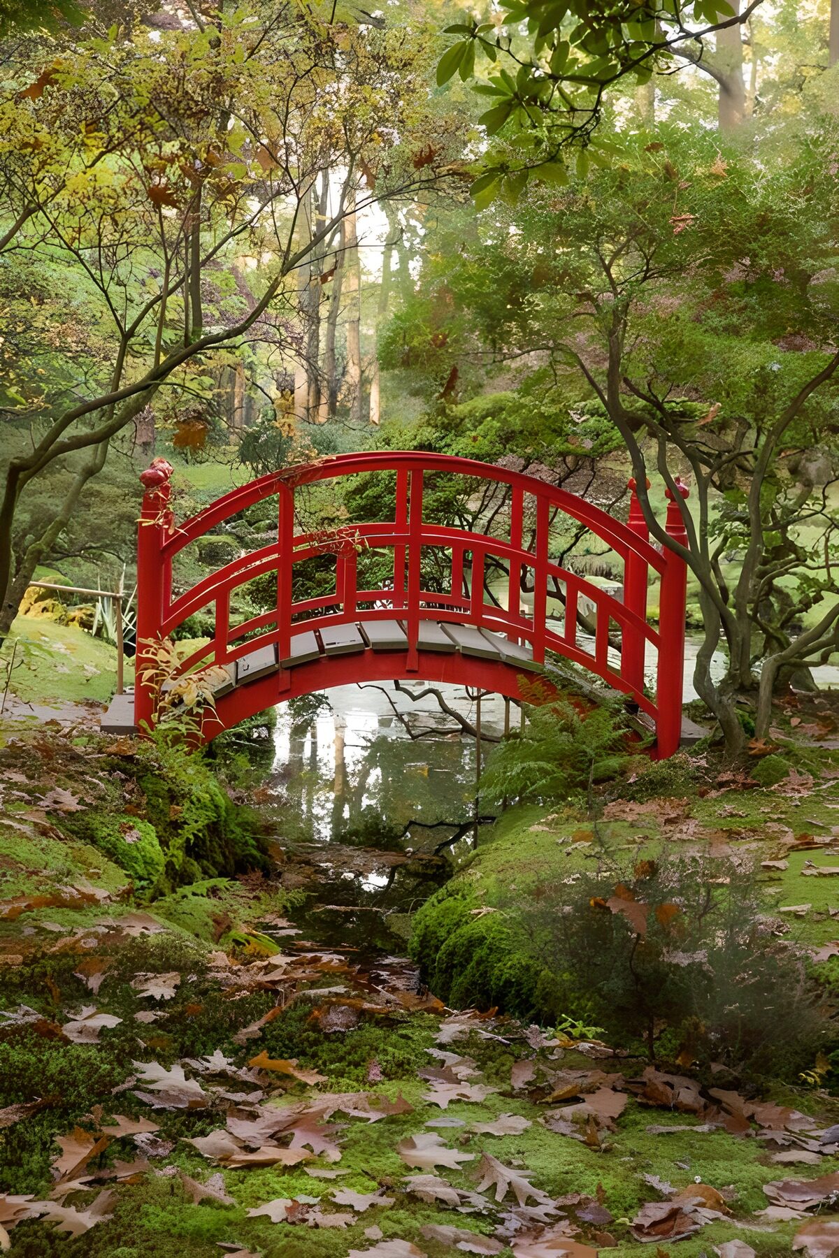Red arched bridge over still water