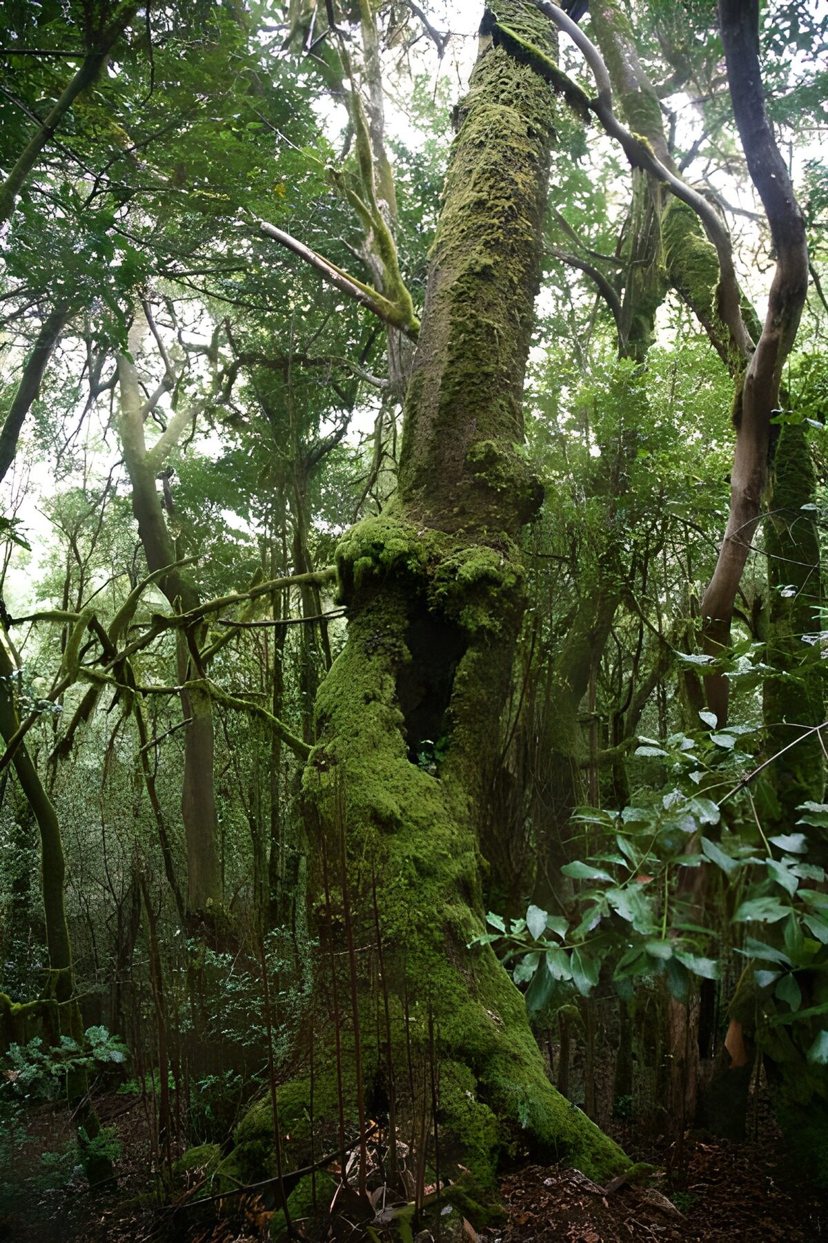 Mossy forest tree in dappled light