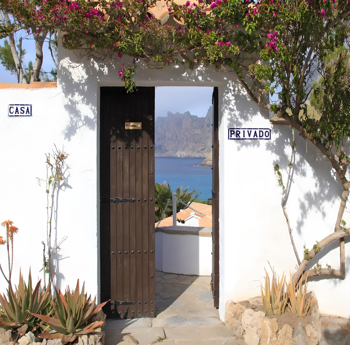 Sunlit wooden gate with a sea view