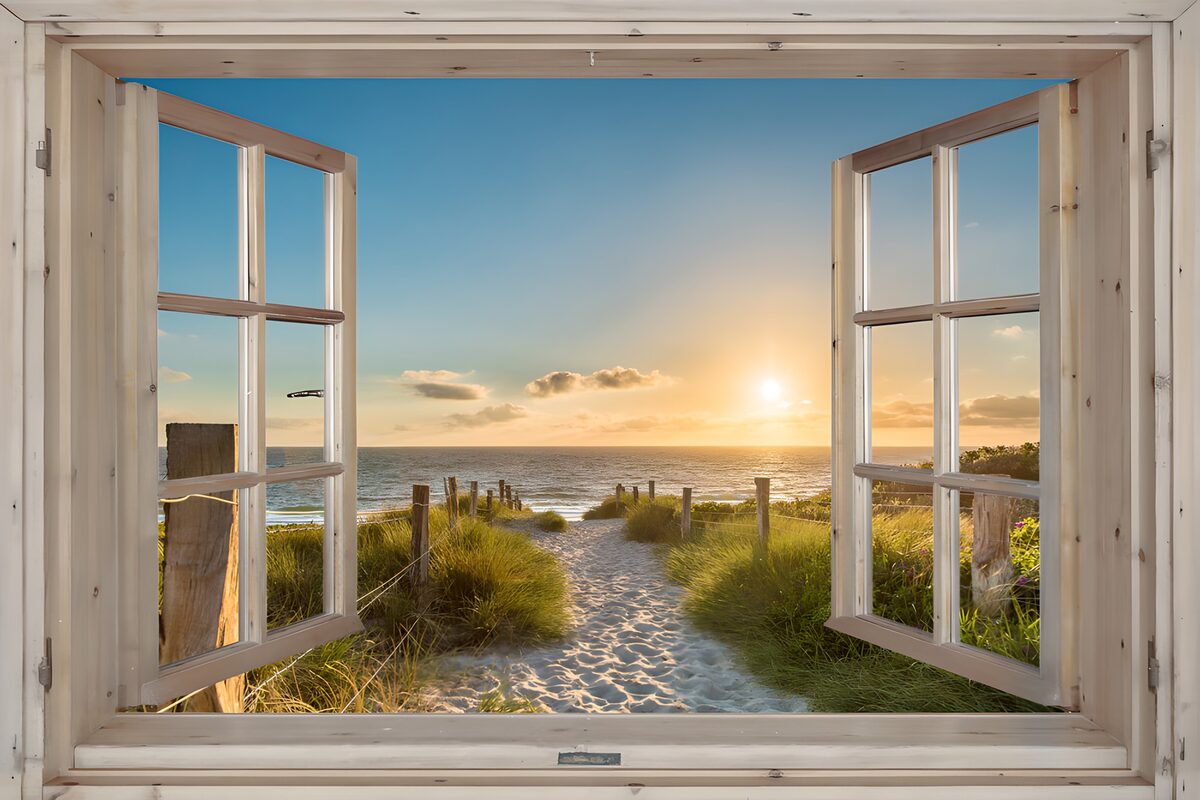 A windowful of sea and evening gold