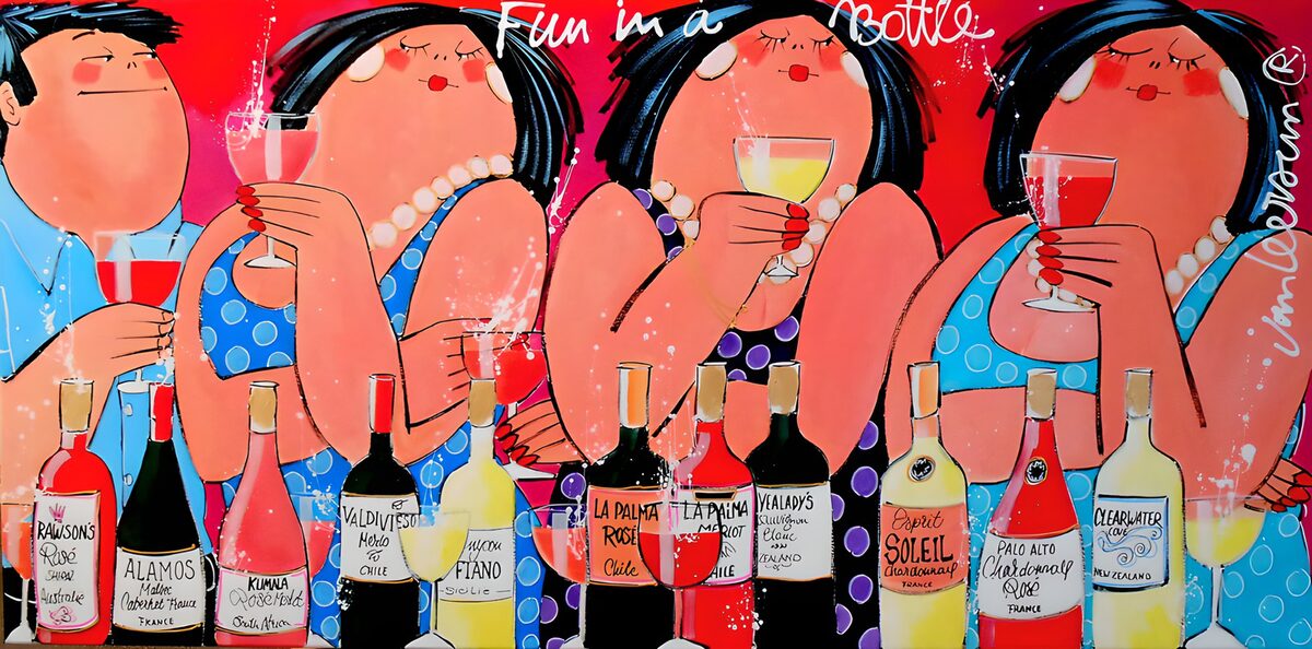 Four wine drinkers against a red backdrop