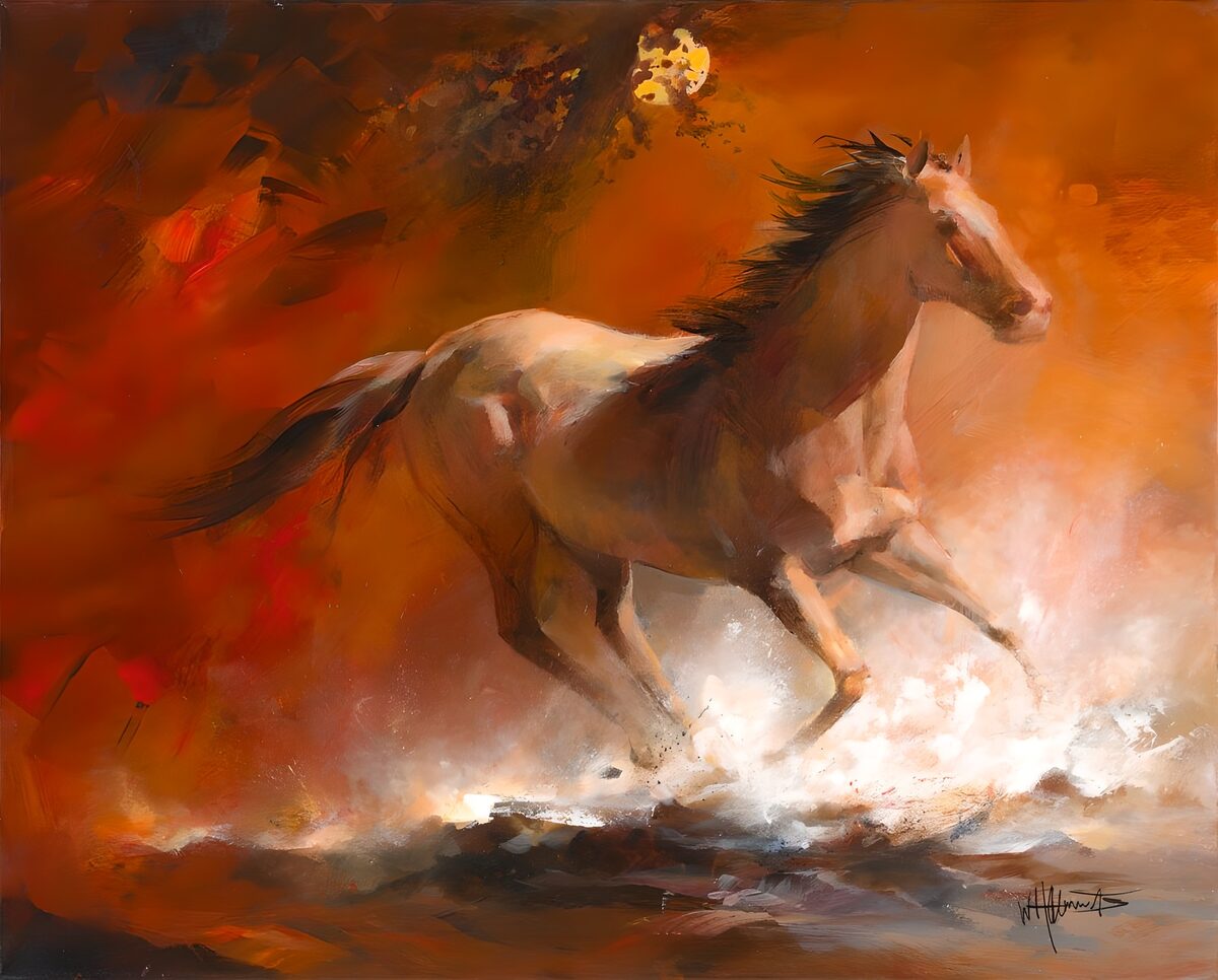 Brown and white horse in a fiery gallop