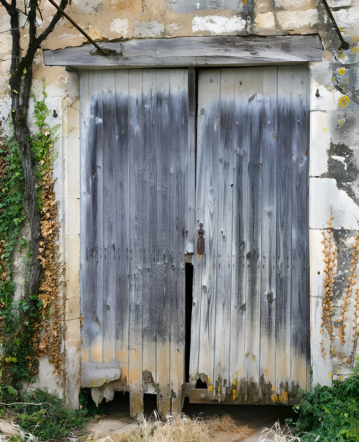 Weathered grey doors in pale stone