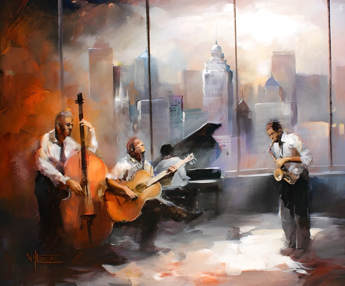 Jazz quartet by the tall windows