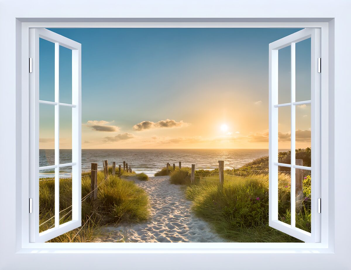 Open window onto a sunlit beach