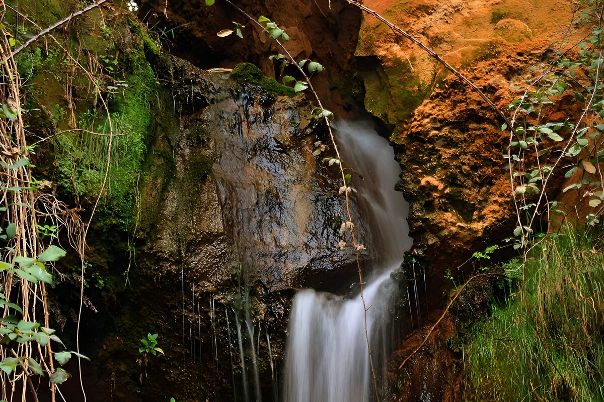 Small waterfall in a mossy rock cleft