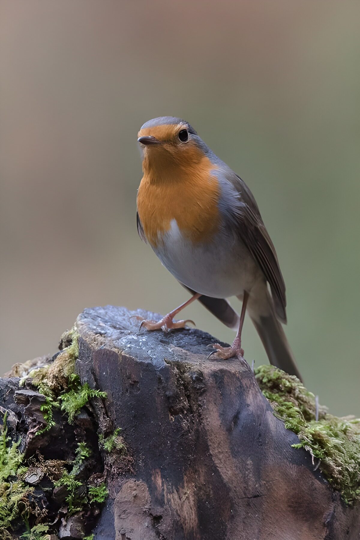 Robin at rest on a mossy stump
