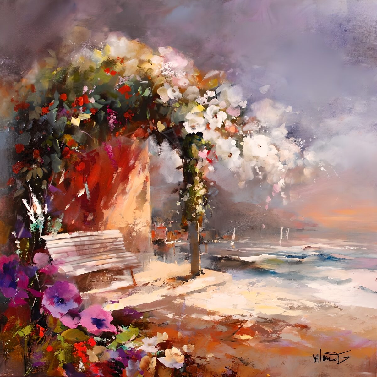 Flower arch and pink bench by the sea