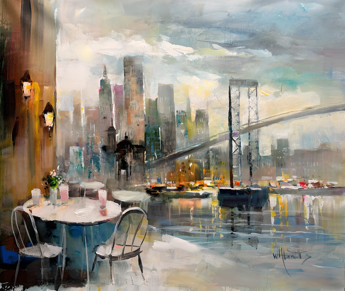 Waterfront café with a bridge view