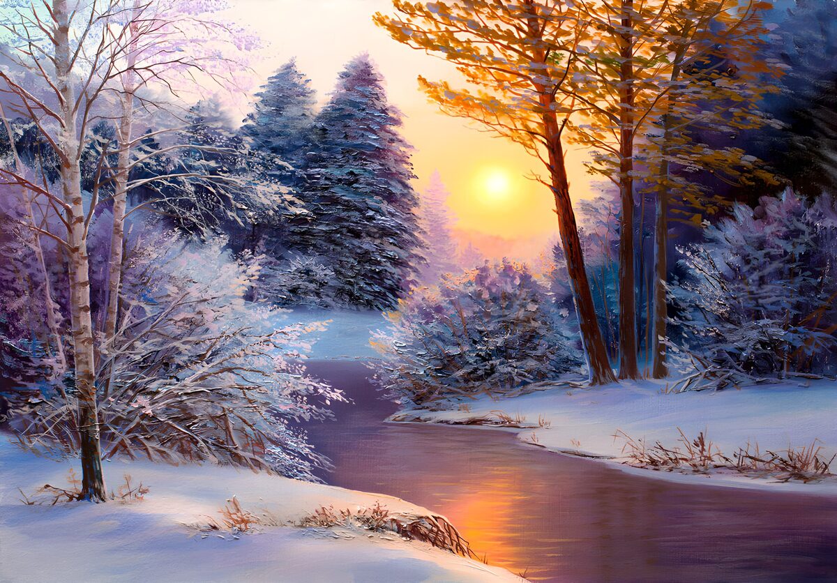 Snowy forest river in golden light