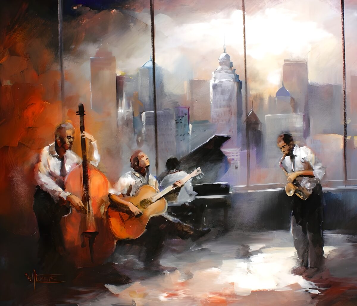 Jazz quartet by tall city windows