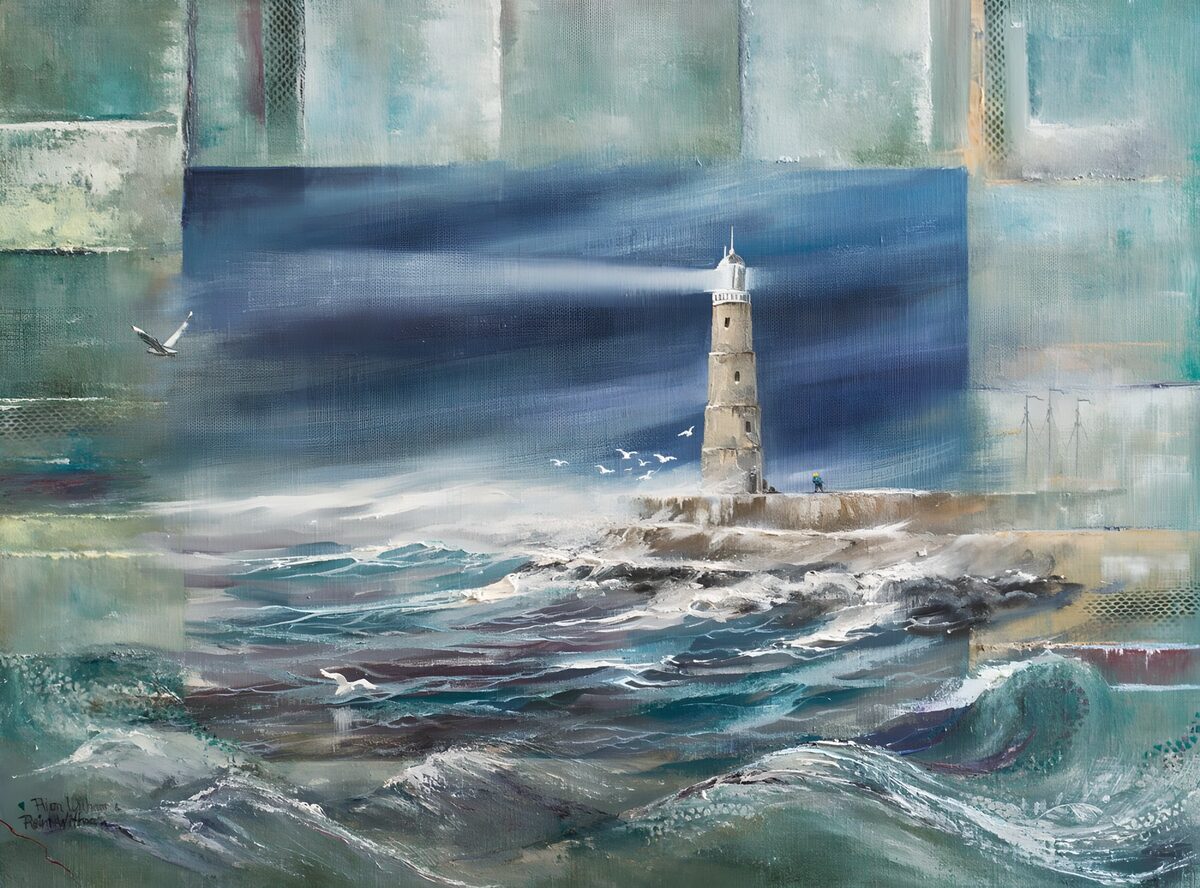 Lighthouse above stormy teal waves
