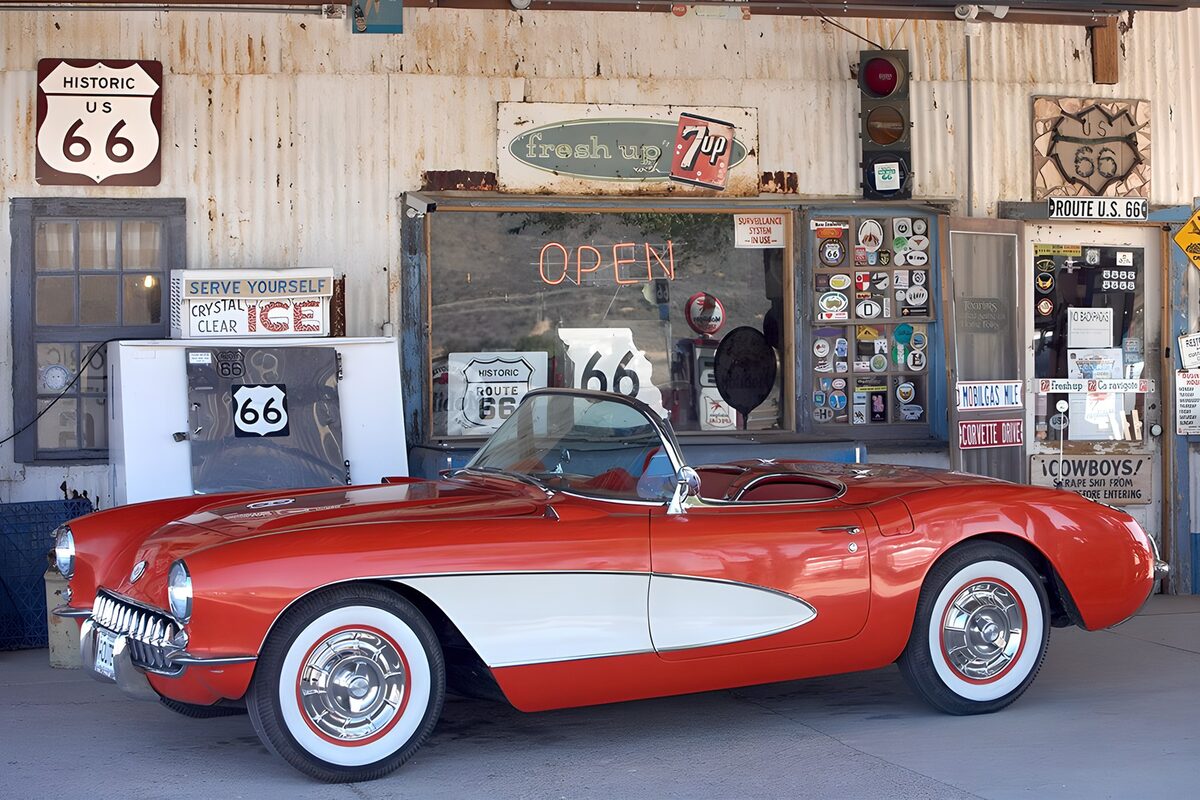 Red-and-white convertible at a retro shop