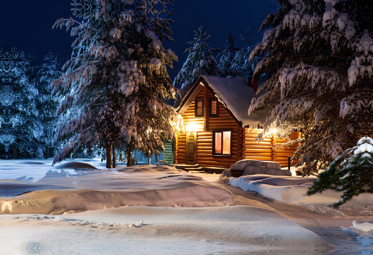 Warmly lit log cabin on a snowy night