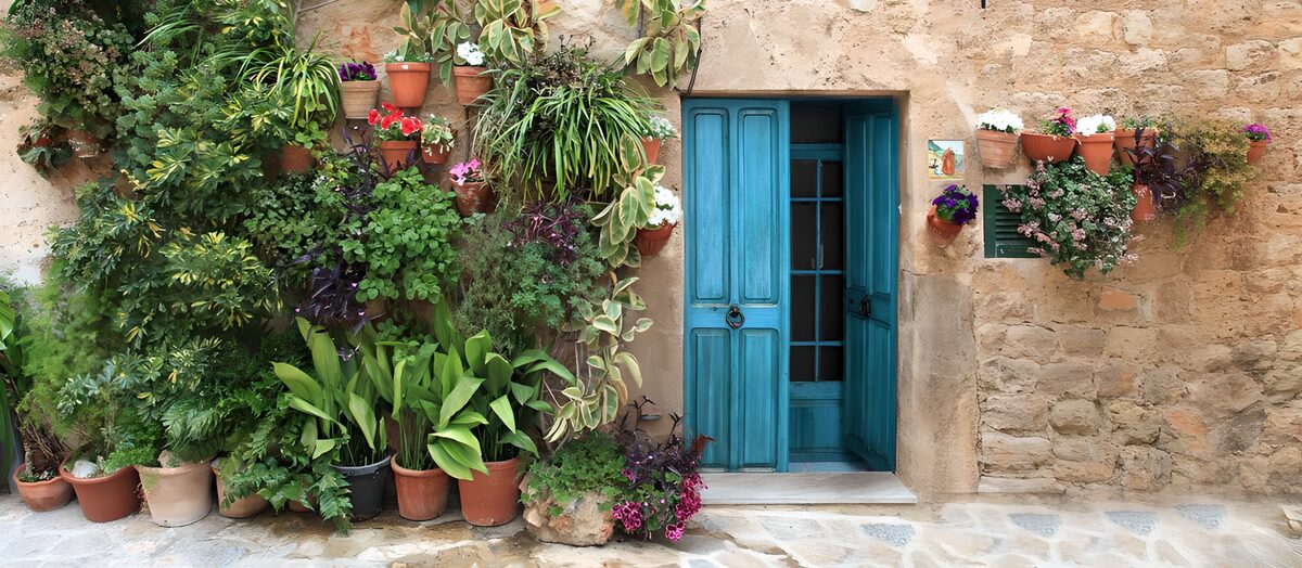 Blue doorway with a leafy welcome