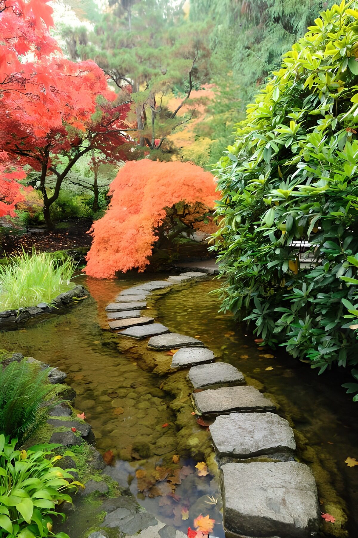 Stepping stones beneath autumn leaves