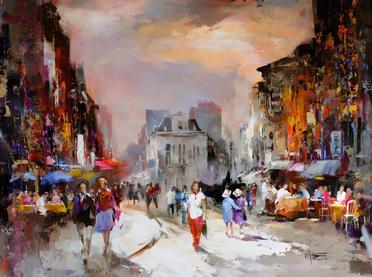 Sunlit street with busy café terraces