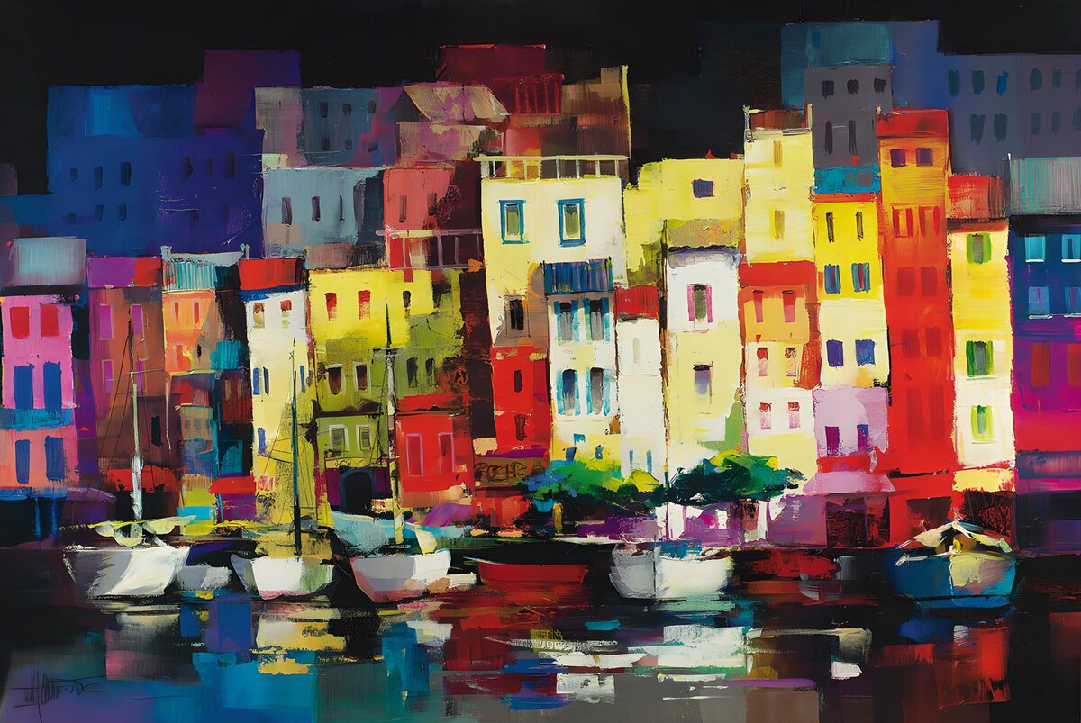 Colourful harbour houses and boats at night