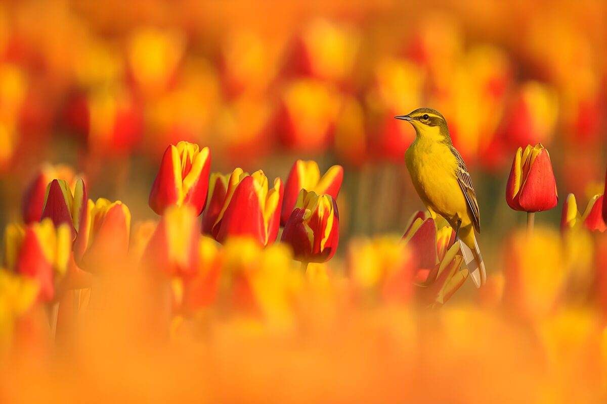 Yellow wagtail among sunlit red tulips
