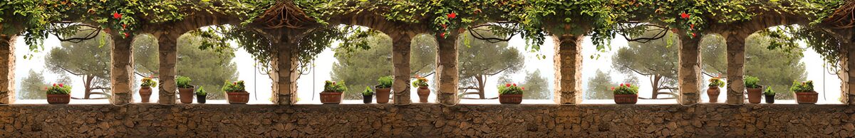 Stone arches and flowerpots in the shade