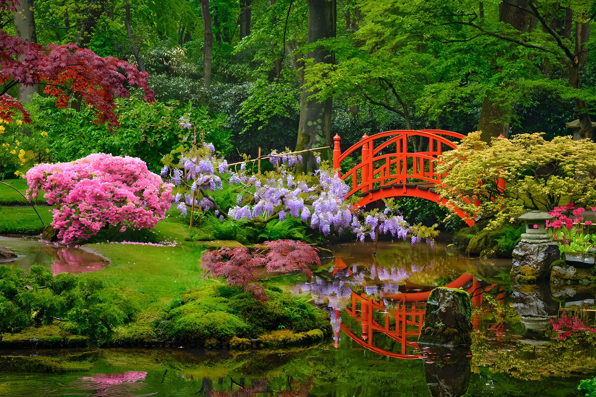 Red bridge over a quiet garden pond