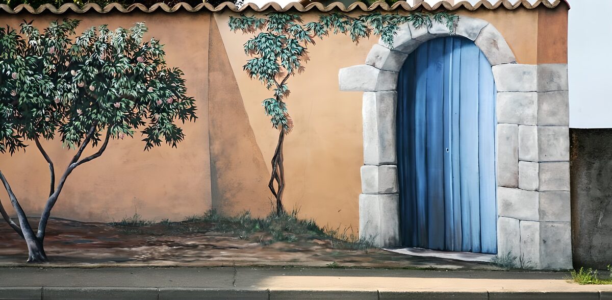 Blue arched door beneath painted trees