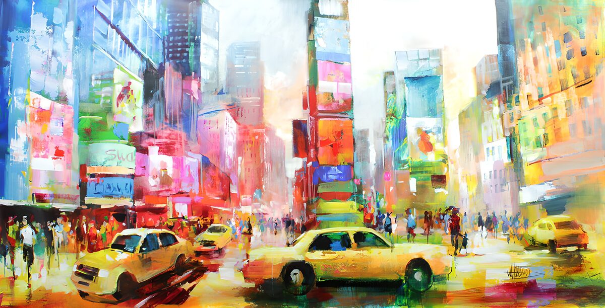 Yellow taxis on a bustling city street