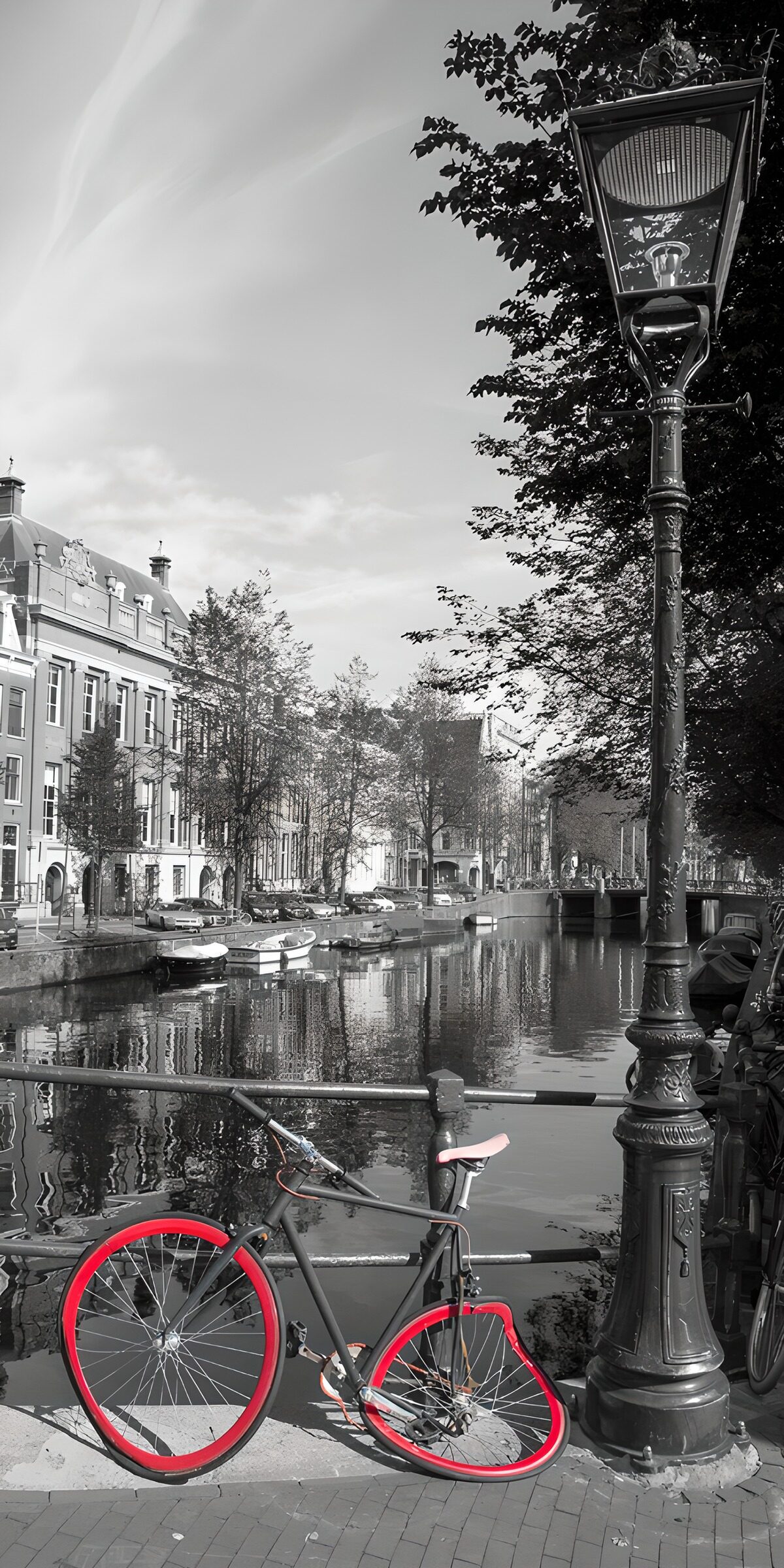 Red-rimmed bicycle by a quiet canal