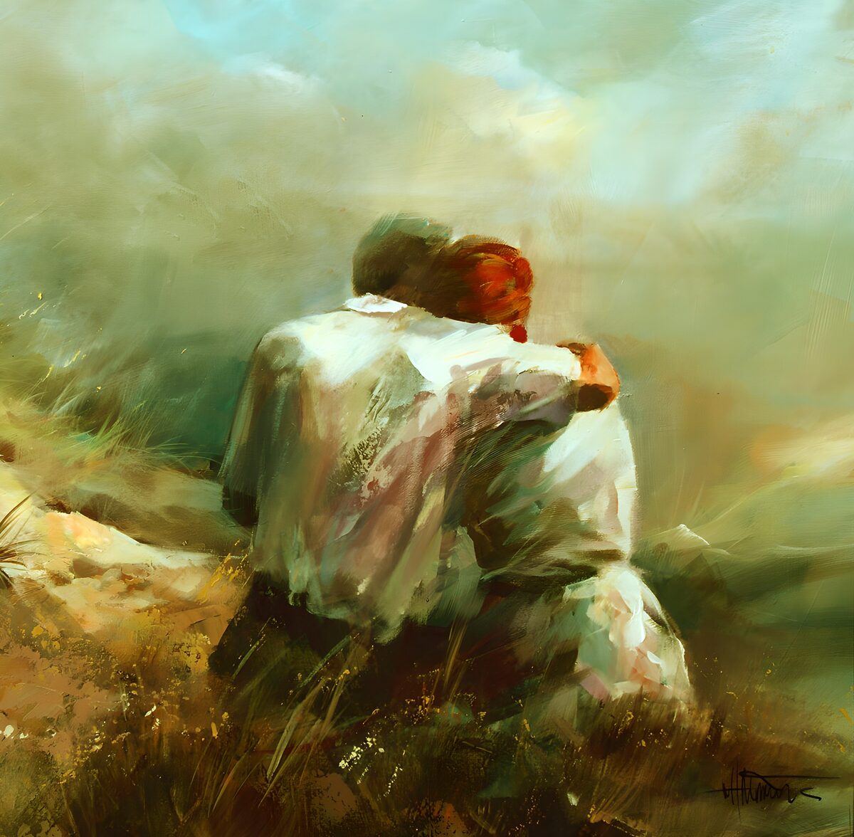 Couple embracing on a sunlit slope