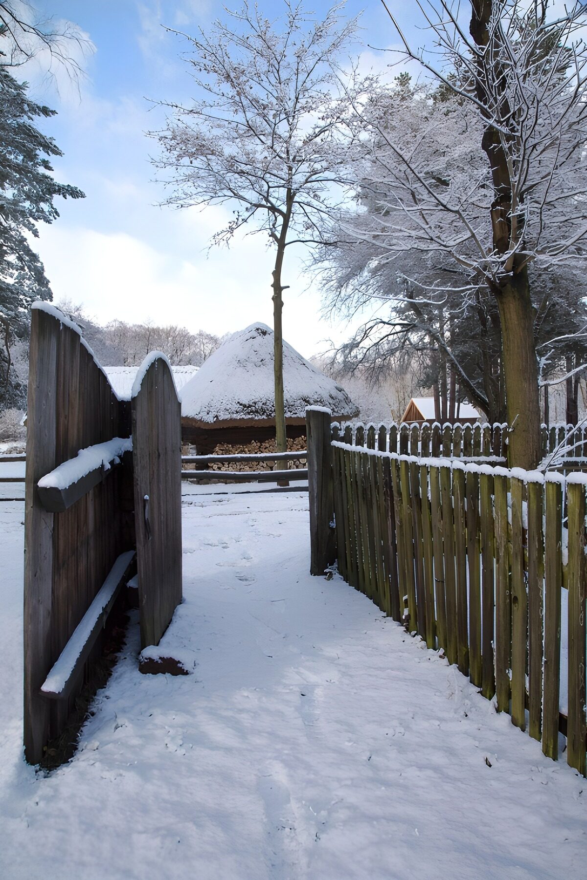 Snowy path to a thatched roundhouse