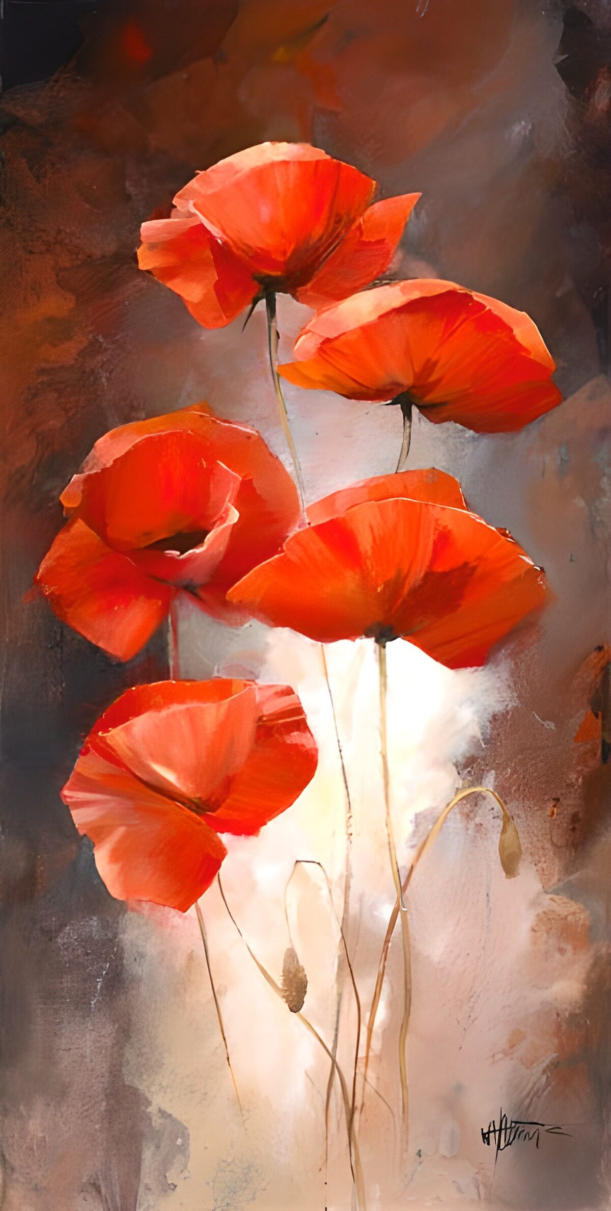 Five red-orange poppies in warm tones