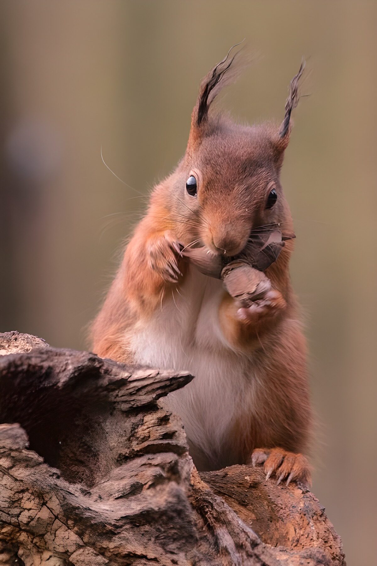 Red squirrel on rough, broken wood
