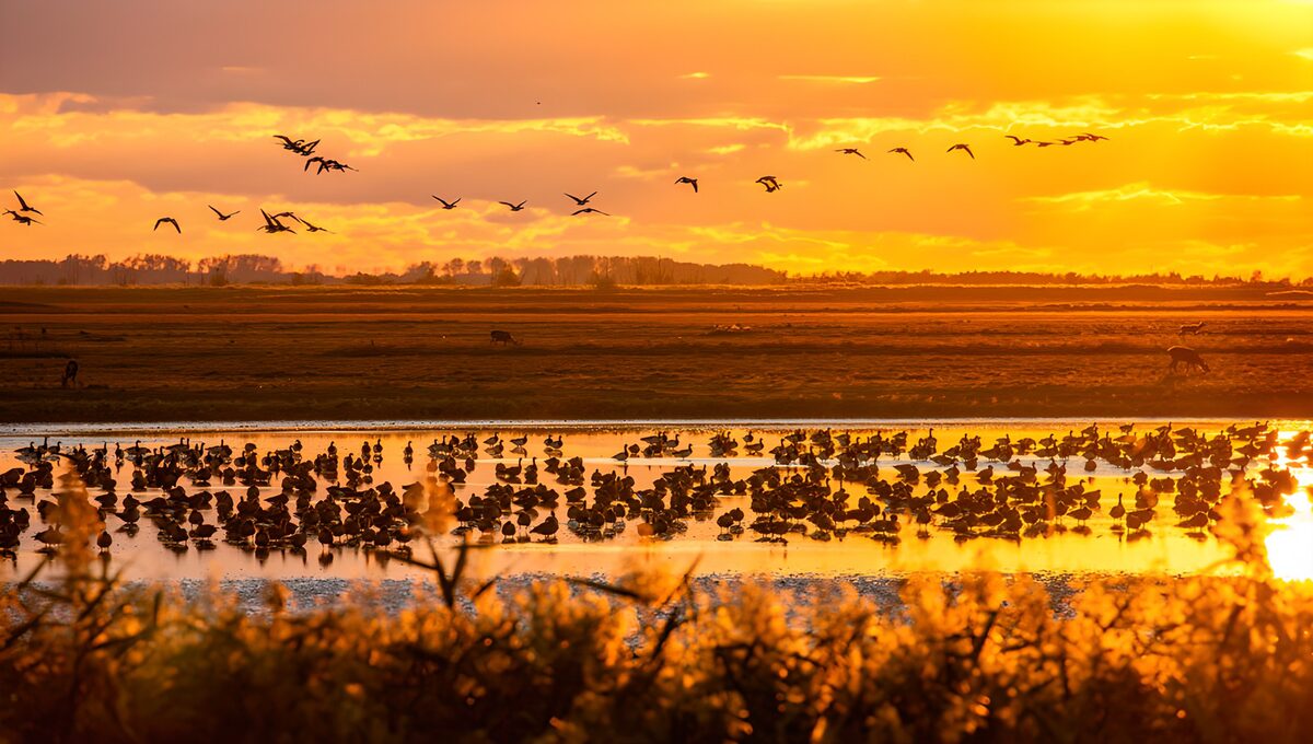 Flocks of birds on golden water