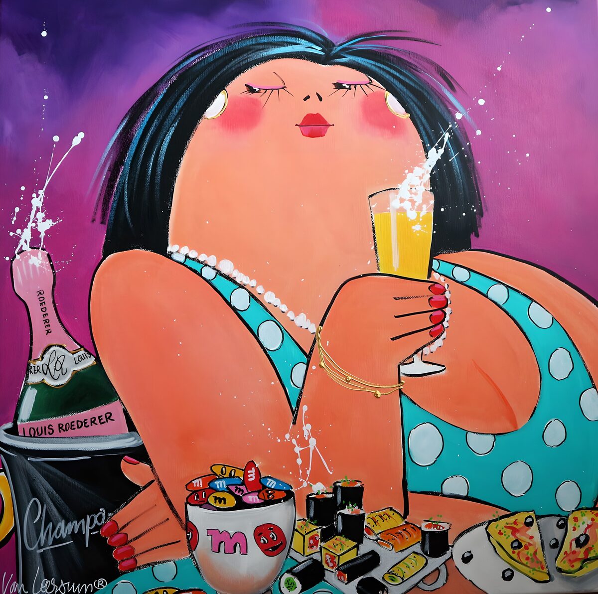 Woman with champagne and party treats