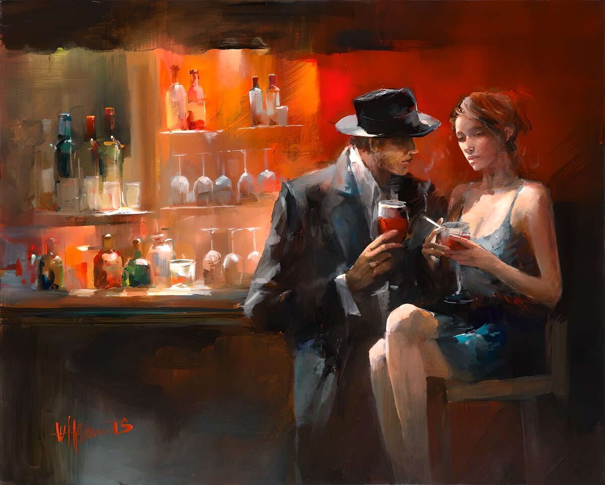 A couple sharing drinks in a cosy bar